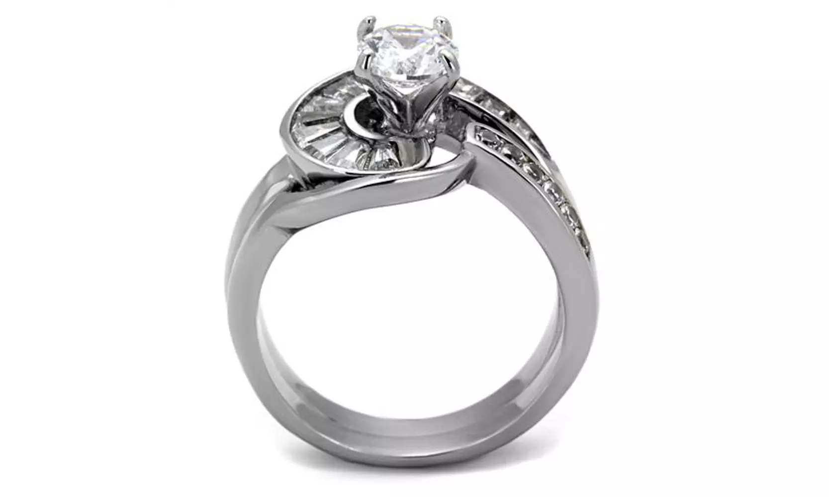 Womens 1.38ct Round & Bagguete Cubic Zirconia Stainless Steel Wedding Ring Set