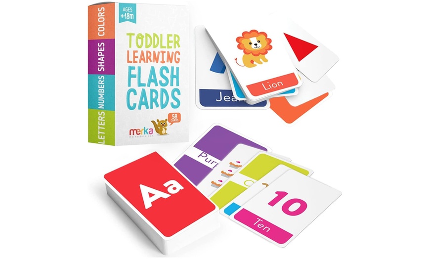 Image 1: Merka Toddler Flash Cards – Alphabet, Numbers, Colours & Shapes | 58 Educational Preschool Learning Flashcards Set