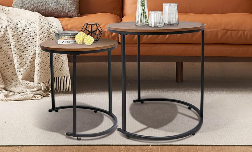 Image 4: Alivio Set of Two Round Metal Frame Coffee Tables with Wooden Top