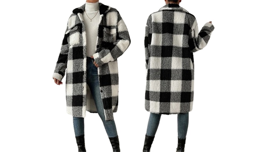 Image 4: Women's Plaid Teddy Long Sleeved Coat 