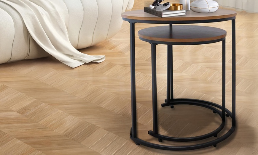 Image 5: Alivio Set of Two Round Metal Frame Coffee Tables with Wooden Top