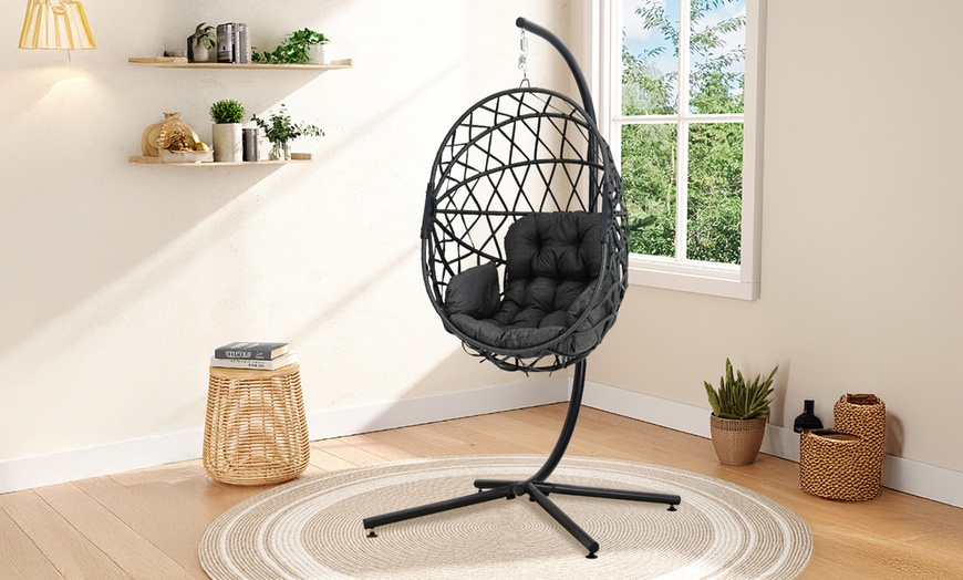 Image 12: Outdoor Cosy Rattan-Effect Hanging Egg Chair with Cushion