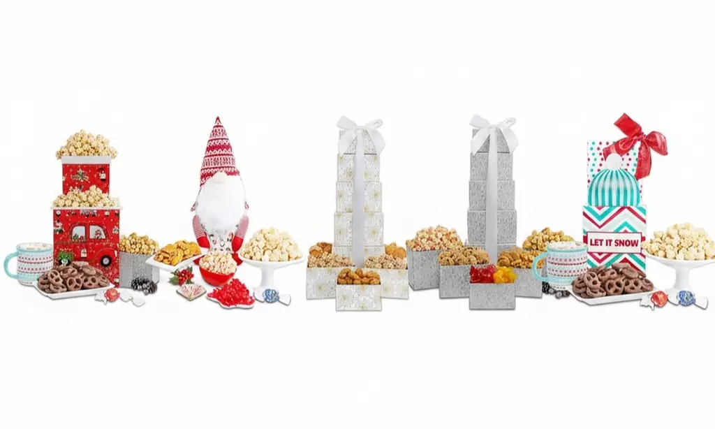 Celebrate the Season with Elegant Holiday Gift Towers Stacked High with Chocolate, Cookies & More