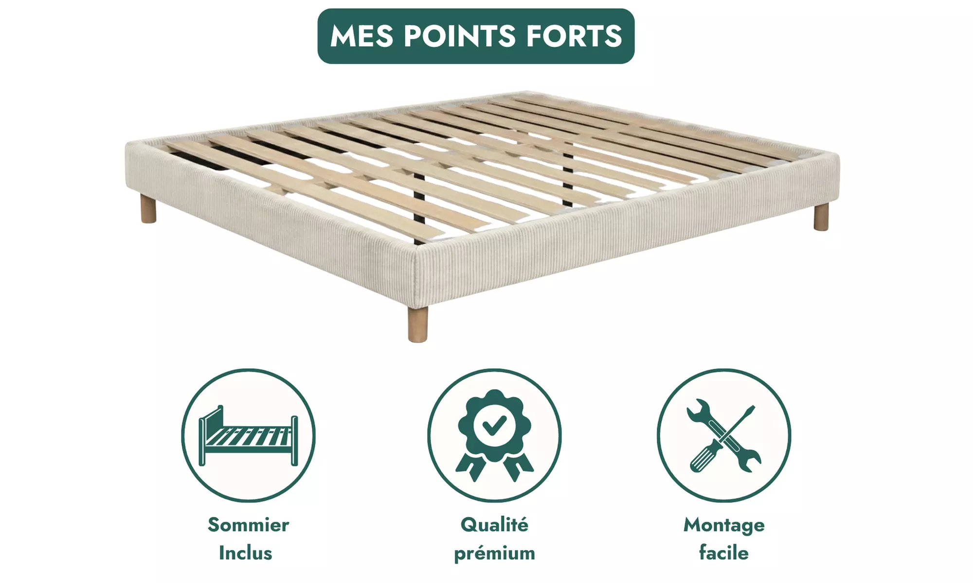 Sommier "Déco" en velours côtelé, matelas en option, Sampur