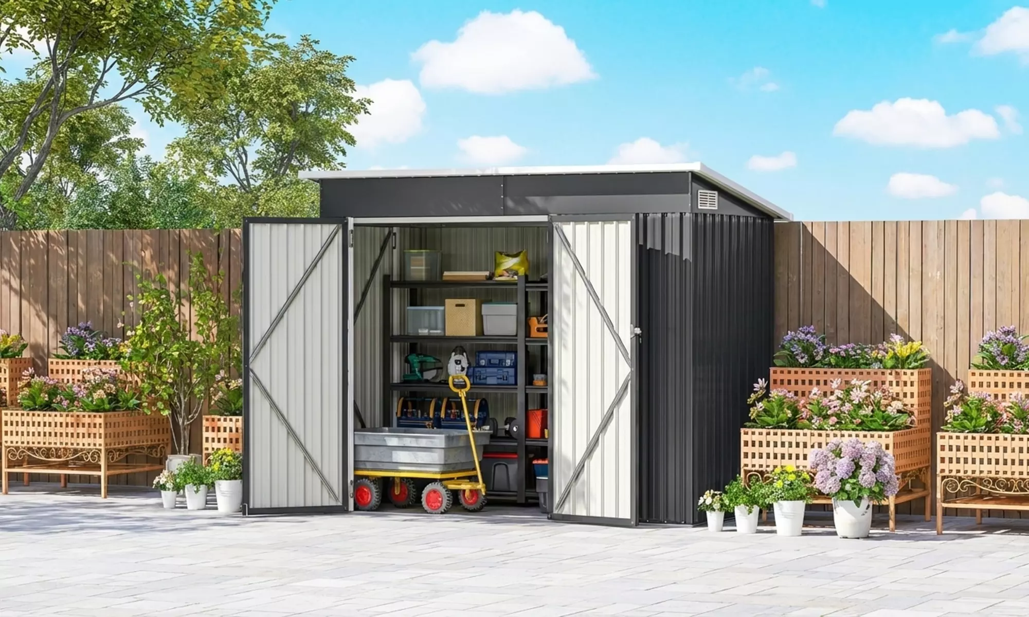 Metal Garden Storage Shed with Double and Side Doors