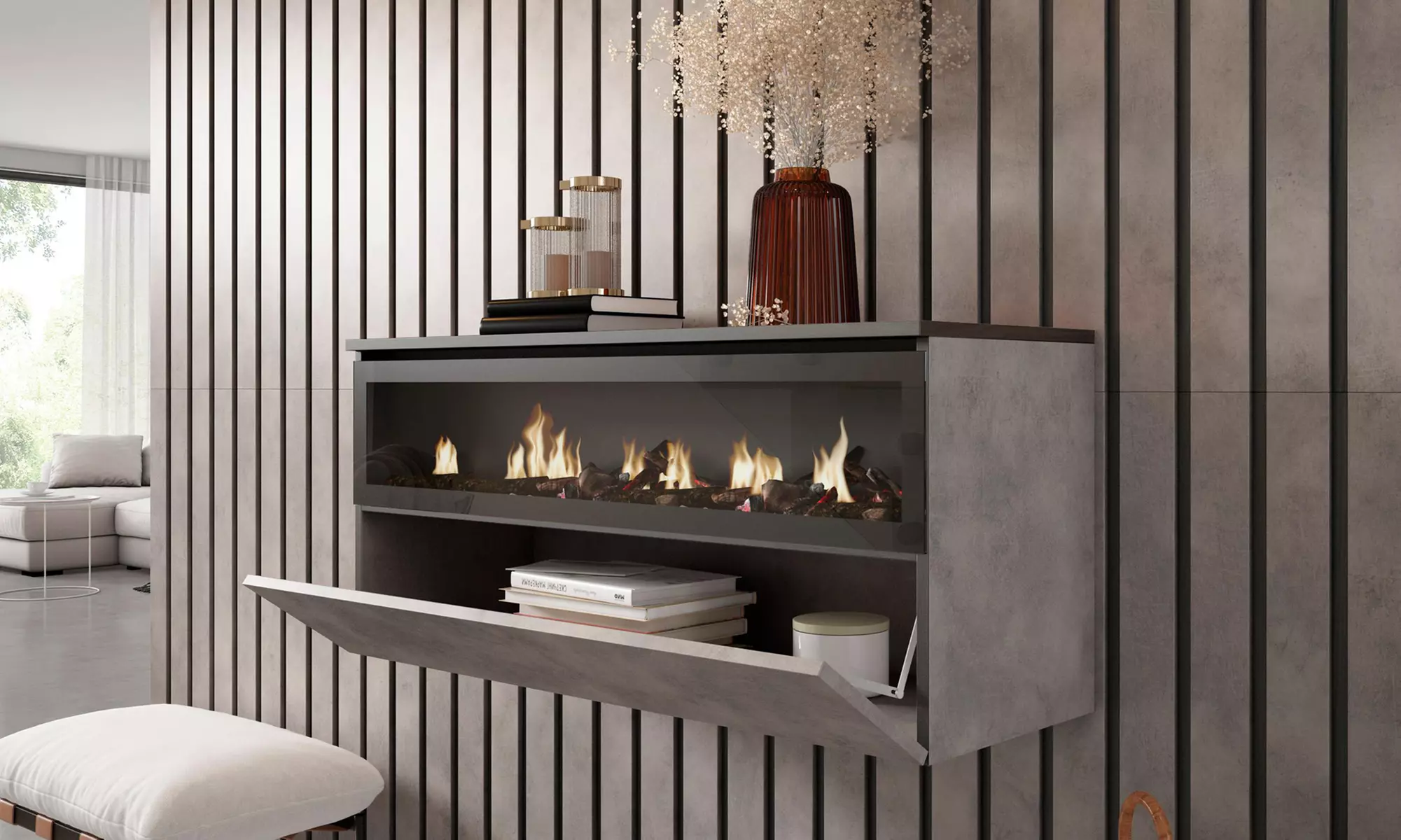 Elektrischer LED-Kamin COZY mit 3D-Feuereffekt, opt. mit Hängeboard