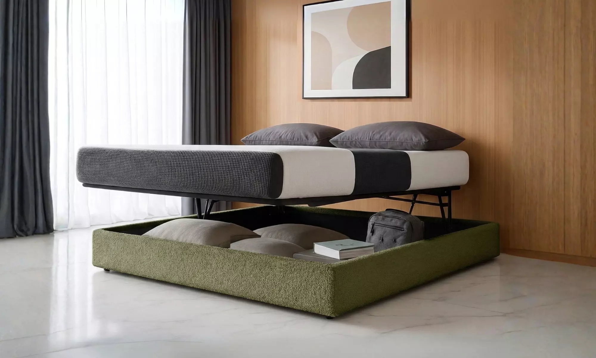 Lit coffre Bouclette, 3 positions : repos, faire lit, stocker, Sampur