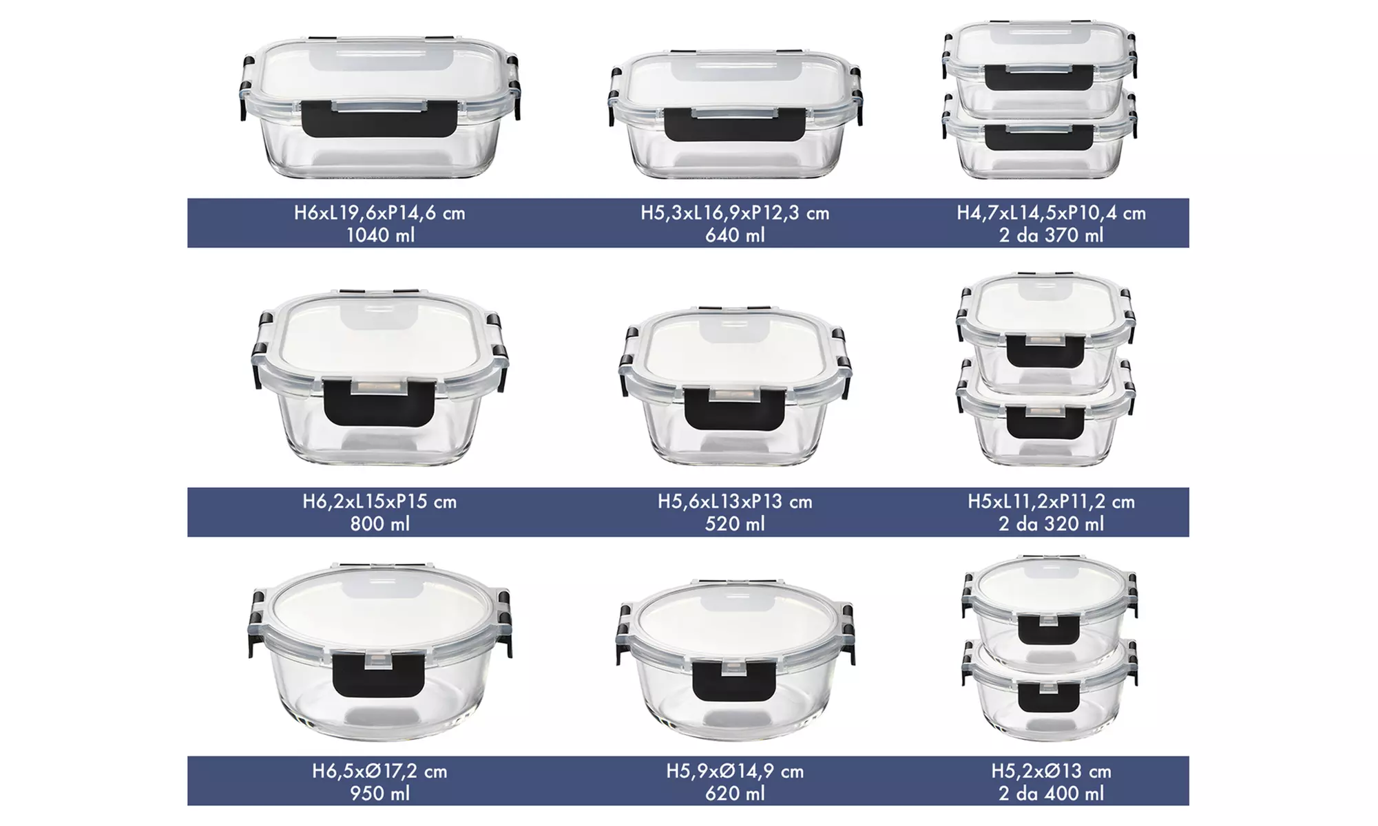 12 contenitori in vetro borosilicato con coperchi