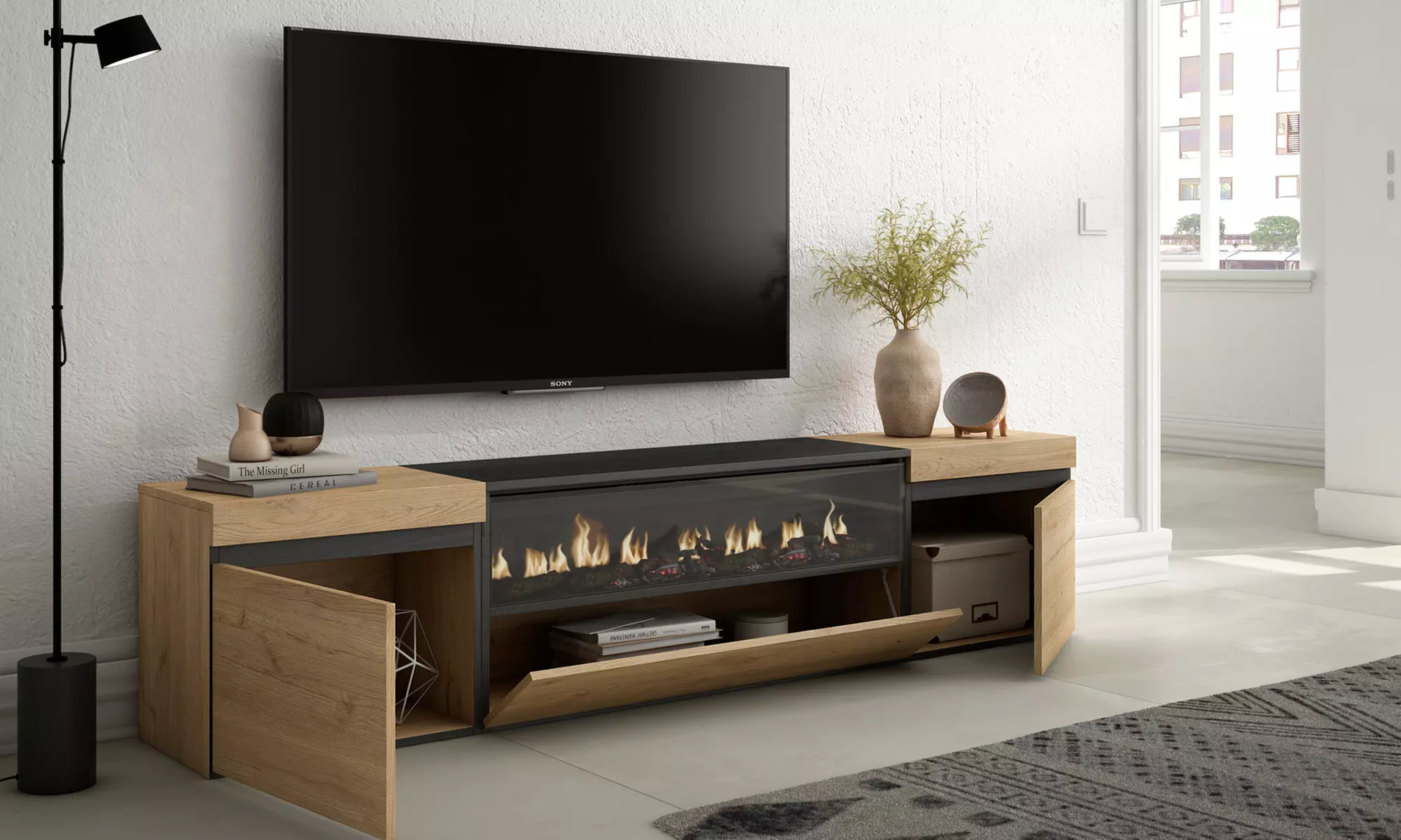 Mobile Porta TV Moderno (200cm) - Scegli tra Camino Elettrico 3D o Vano Extra