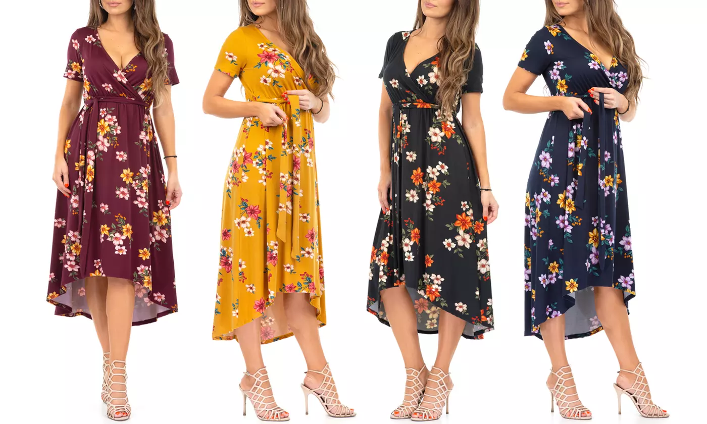 Women's Faux Wrap Hi-Low Dress with Adjustable Belt - Primary Image