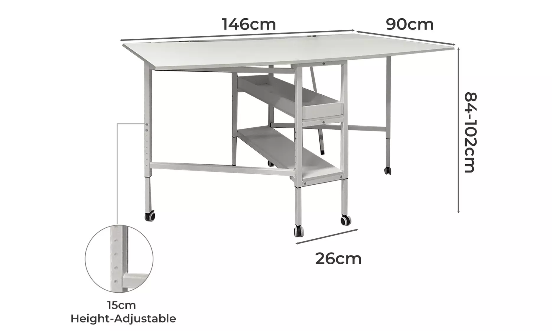 Levede Adjustable Sewing Table with Storage Shelves & Lockable Wheels