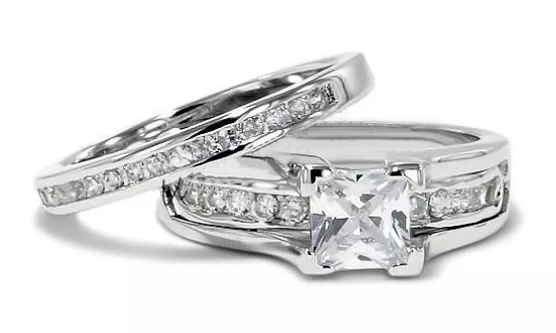 2.10 Ct Princess Cubic Zirconia Sterling Silver 925 Wedding Ring Set