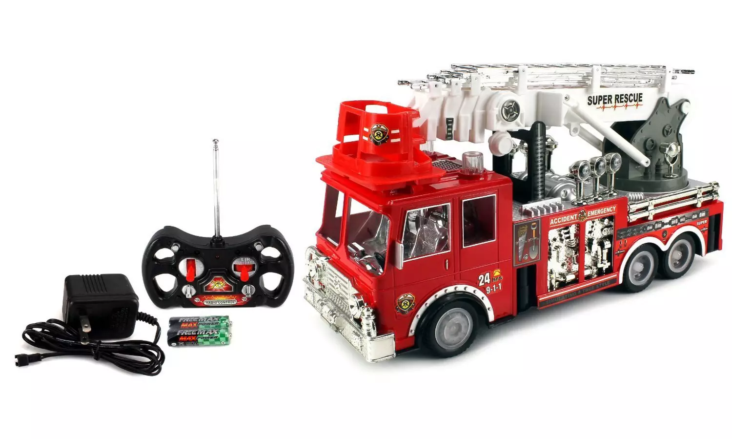 Super Rescue 24 Hour Remote-Control Fire Truck with Working Siren Lights and Rotating Extending Crane - Primary Image