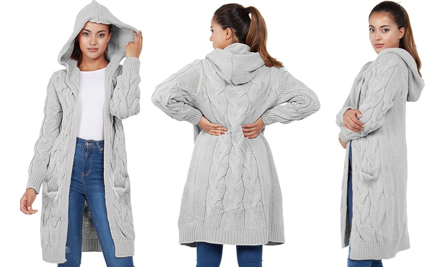 Image 8: Cable Chunky Knit Open Front Hooded Cardigan