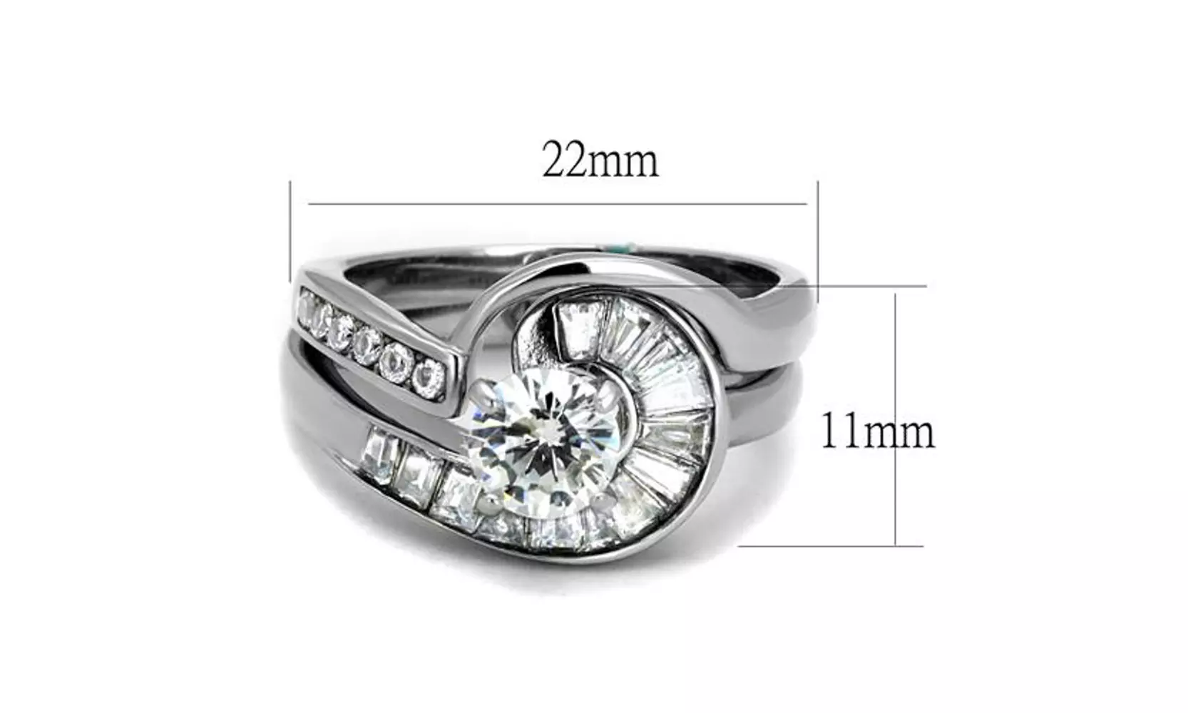 Womens 1.38ct Round & Bagguete Cubic Zirconia Stainless Steel Wedding Ring Set