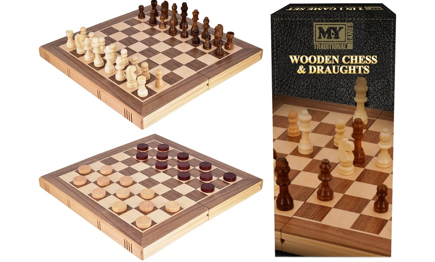 Image 4: M.Y Premium 12'' Wooden Chess Set and Draughts, Dual-Sided Game Board
