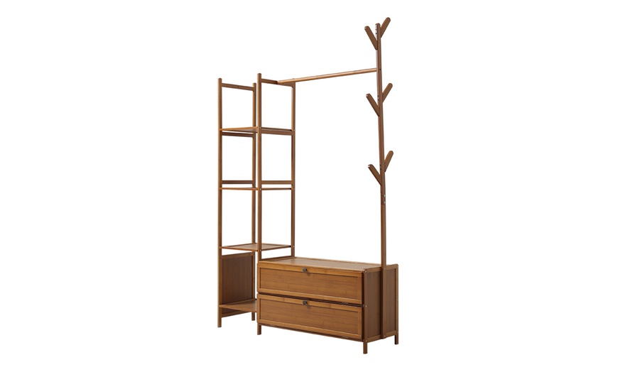 Image 5: Freestanding Bamboo Clothes Rack with Shelves for Storage