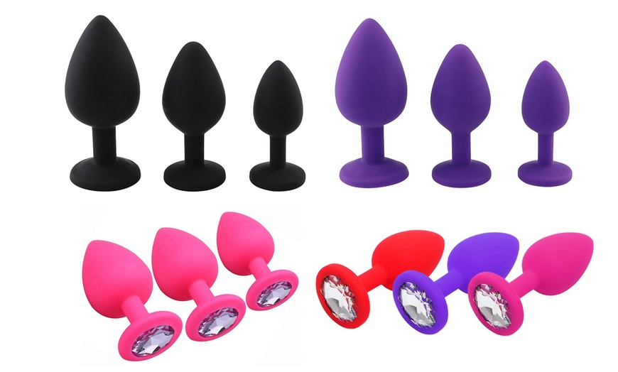 Image 3: 3pcs/set Silicone Jeweled Anal Plugs Large Medium Mini Plated Stopper Beads