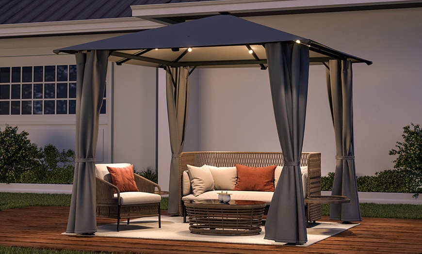 Image 1: Dark Grey Gazebo with LED Lights and Sunshade Curtains