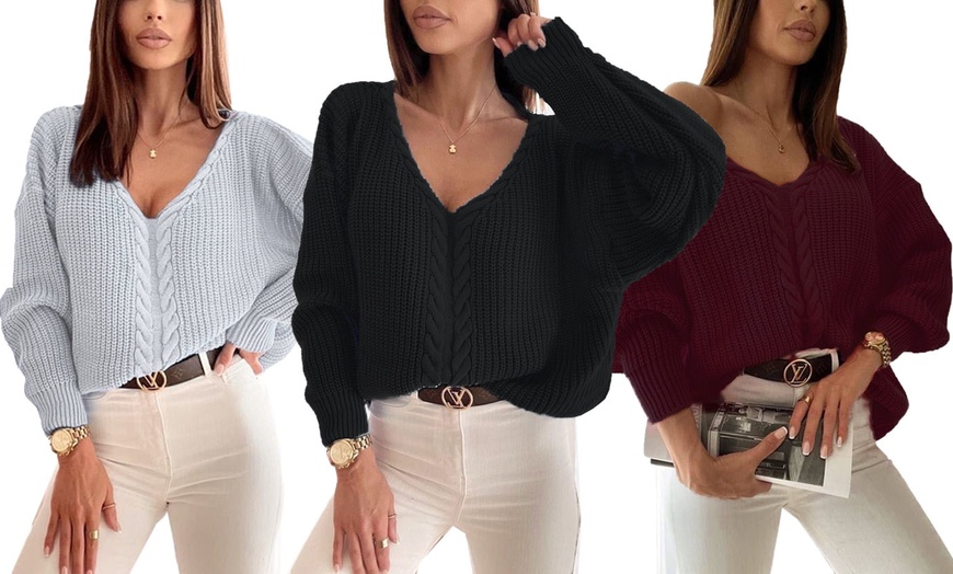 Image 1: Women's Braided V-Neck Cable Knit Oversized Jumper 