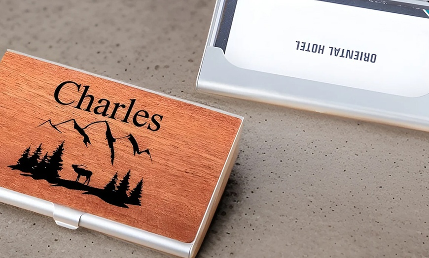 Image 2: One or Two Personalized Engraved Wooden Business Card Holders