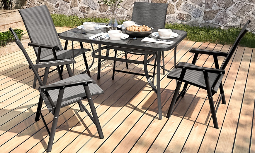 Image 1: Set of 5 Garden Rectangle Glass Umbrella Table and Folding Chairs Set