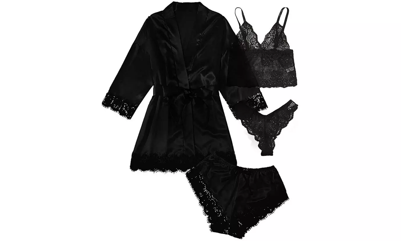 Women's 4pc Lace Silk Lingerie Pajama Set w/ Bralette, Panties, Robe & Shorts