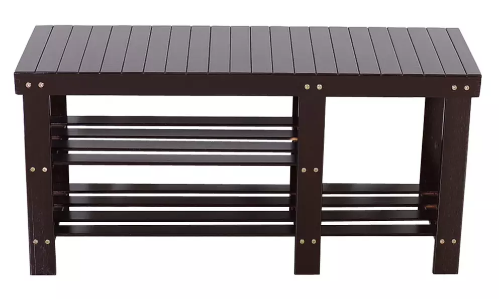 35" Strip Pattern 3 Tiers Bamboo Stool Shoe Rack Coffee