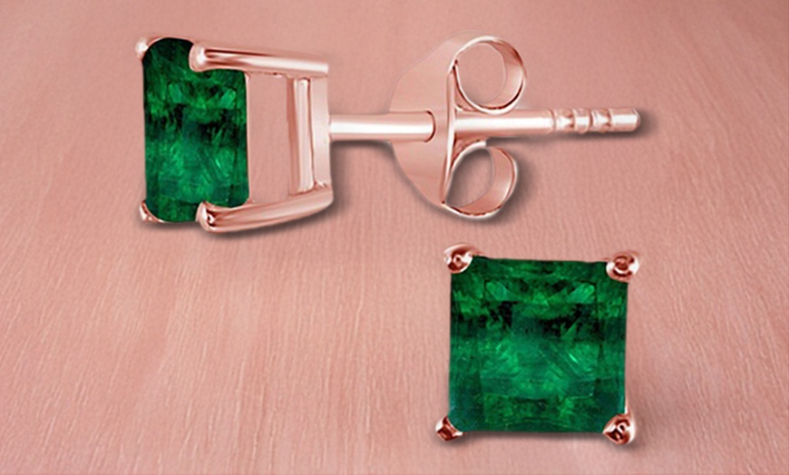 Image 1: 14K Rose Gold Plated 4 Ct Princess Cut Emerald Stud Earrings. 