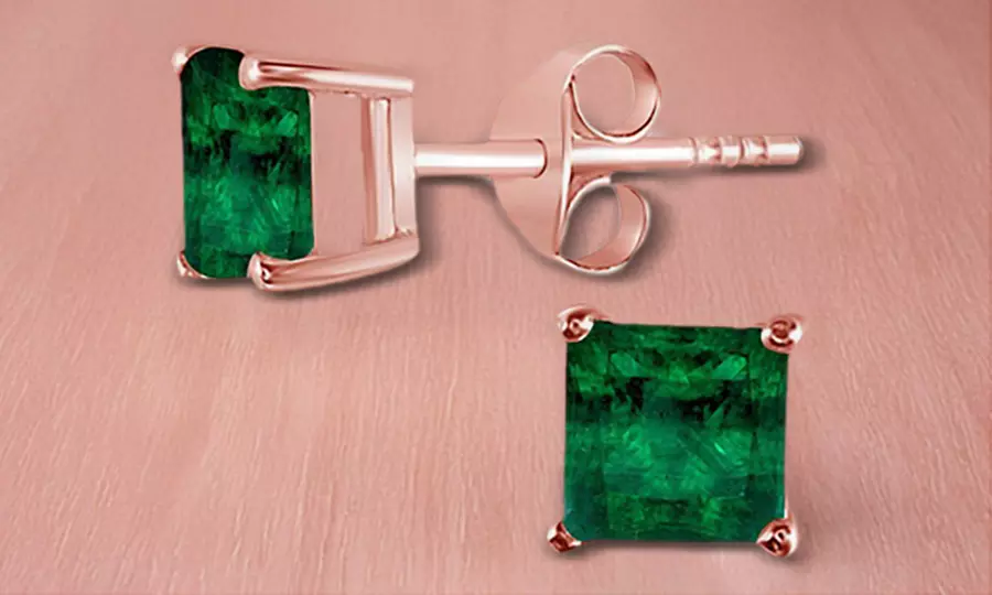 14K Rose Gold Plated 4 Ct Princess Cut Emerald Stud Earrings.