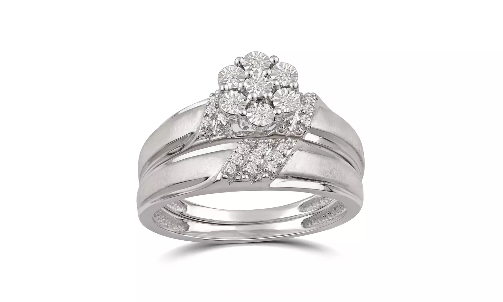 1/10 CTTW Diamond Cluster Floral Bridal Set in Sterling Silver by DiamondMuse - Primary Image