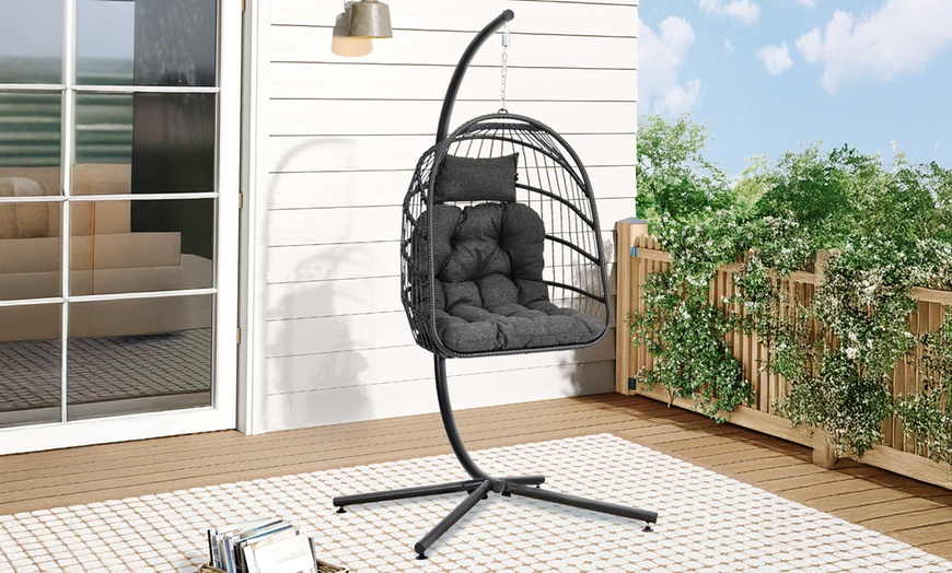 Image 7: Outdoor Cosy Rattan-Effect Hanging Egg Chair with Cushion