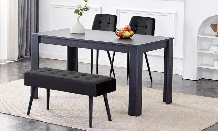 Image 1: Arrow-Design Wooden Dining Set with Velvet Chairs and Bench