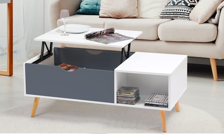 Table basse Fjola en bois avec plateau relevable et rangement intérieur