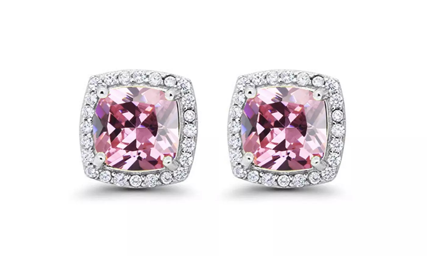 Paris Jewelry 14k Gold Created Halo Princess Pink Sapphire Stud Earrings Plated