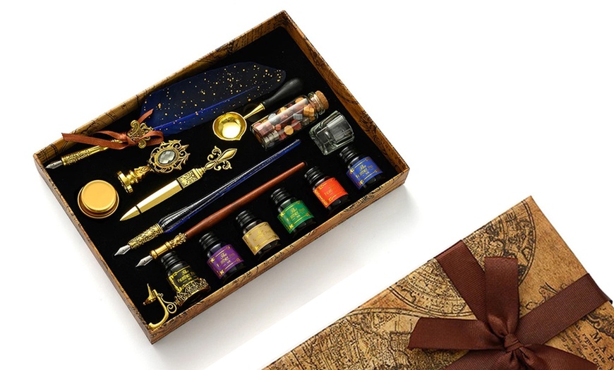 Image 4: Feather Quill Dip Pen Writing Ink Set And Wax Seal Set