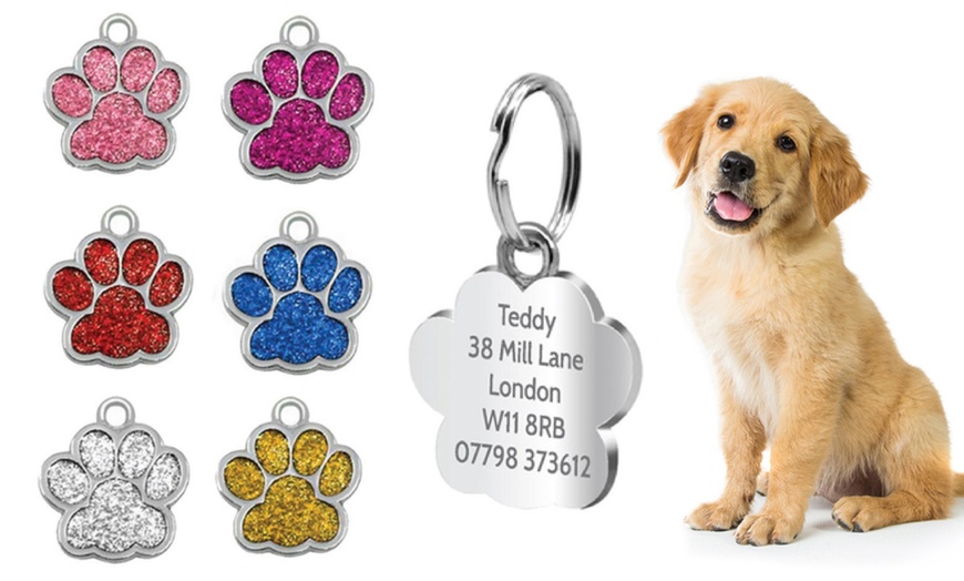 Image 1: Personalised Engraved Glitter Paw Pet Tag from Decomatters