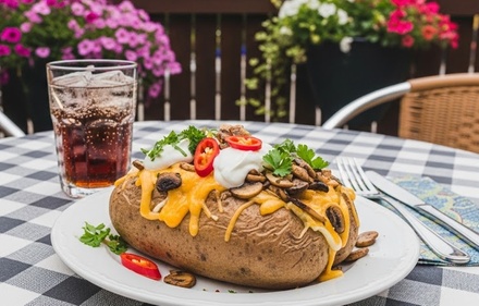 Für 1 Person: Ofenkartoffel nach Wahl mit 6 Toppings und Getränk - PATATAS - KUMPIR - Ofenkartoffel mit Toppings