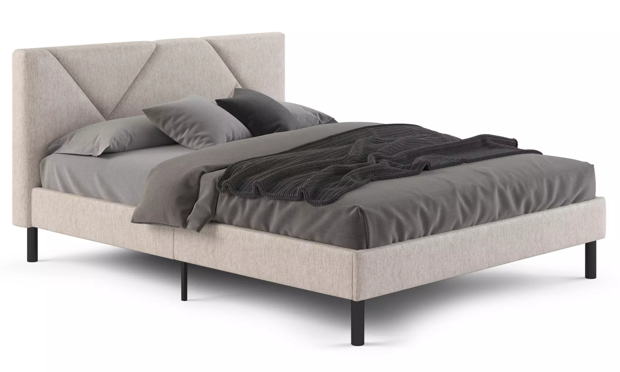 Letto imbottito in tessuto con doghe in legno e vano contenitore