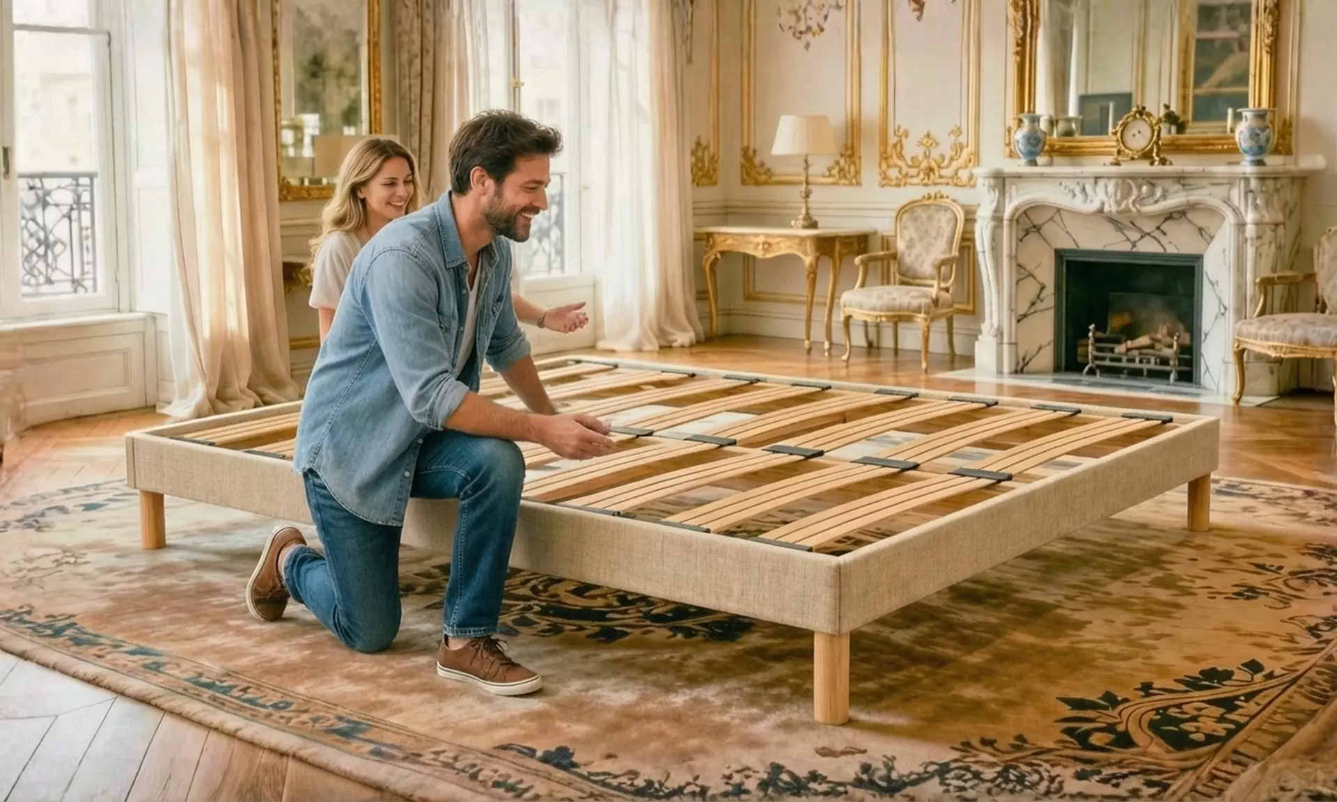 Base letto a doghe beige con doghe dinamiche