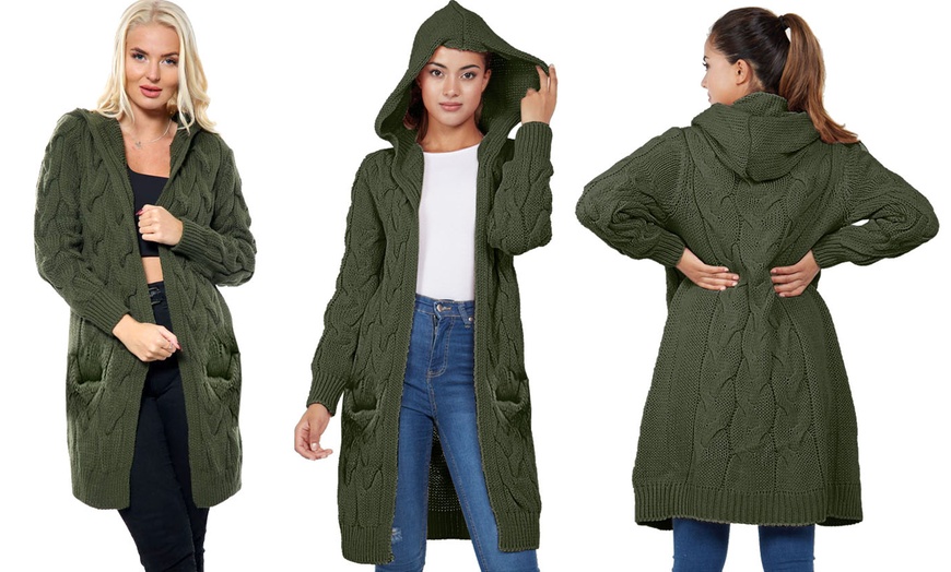 Image 6: Cable Chunky Knit Open Front Hooded Cardigan