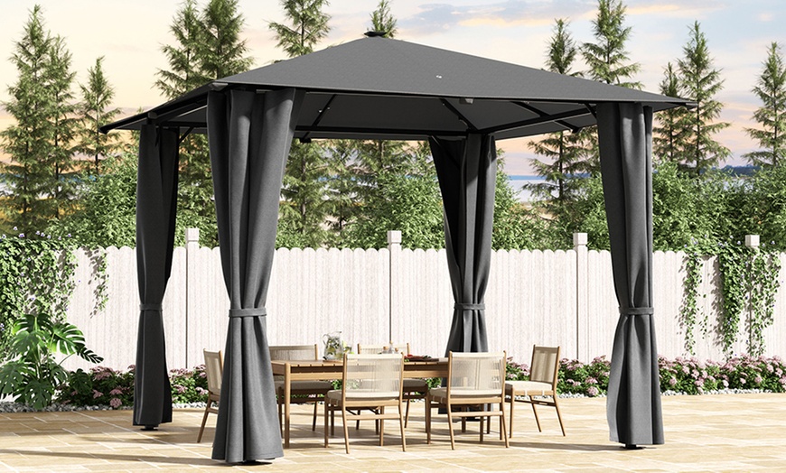 Image 7: Dark Grey Gazebo with LED Lights and Sunshade Curtains