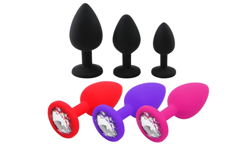 Image 2: 3pcs/set Silicone Jeweled Anal Plugs Large Medium Mini Plated Stopper Beads