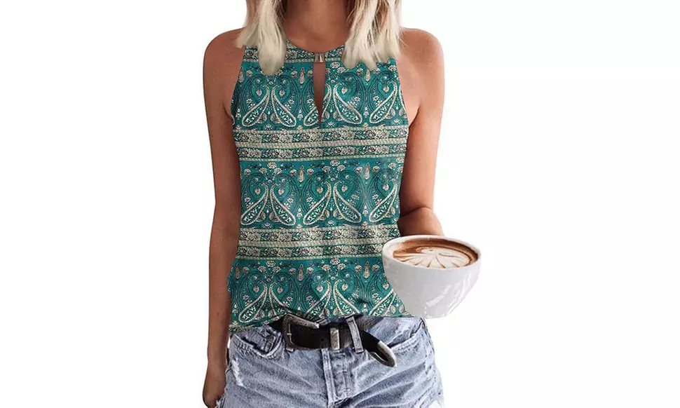 Women Keyhole V Neck Sleeveless Summer Casual Floral Shirt