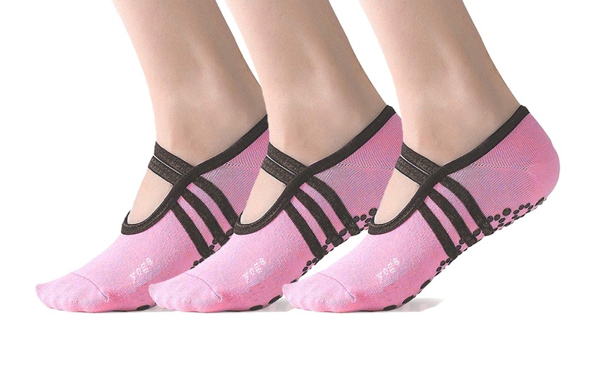 Image 10: 1-3 Pair Yoga Sock for Women Non-Slip Grips & Straps Dance Socks Pilates Socks 