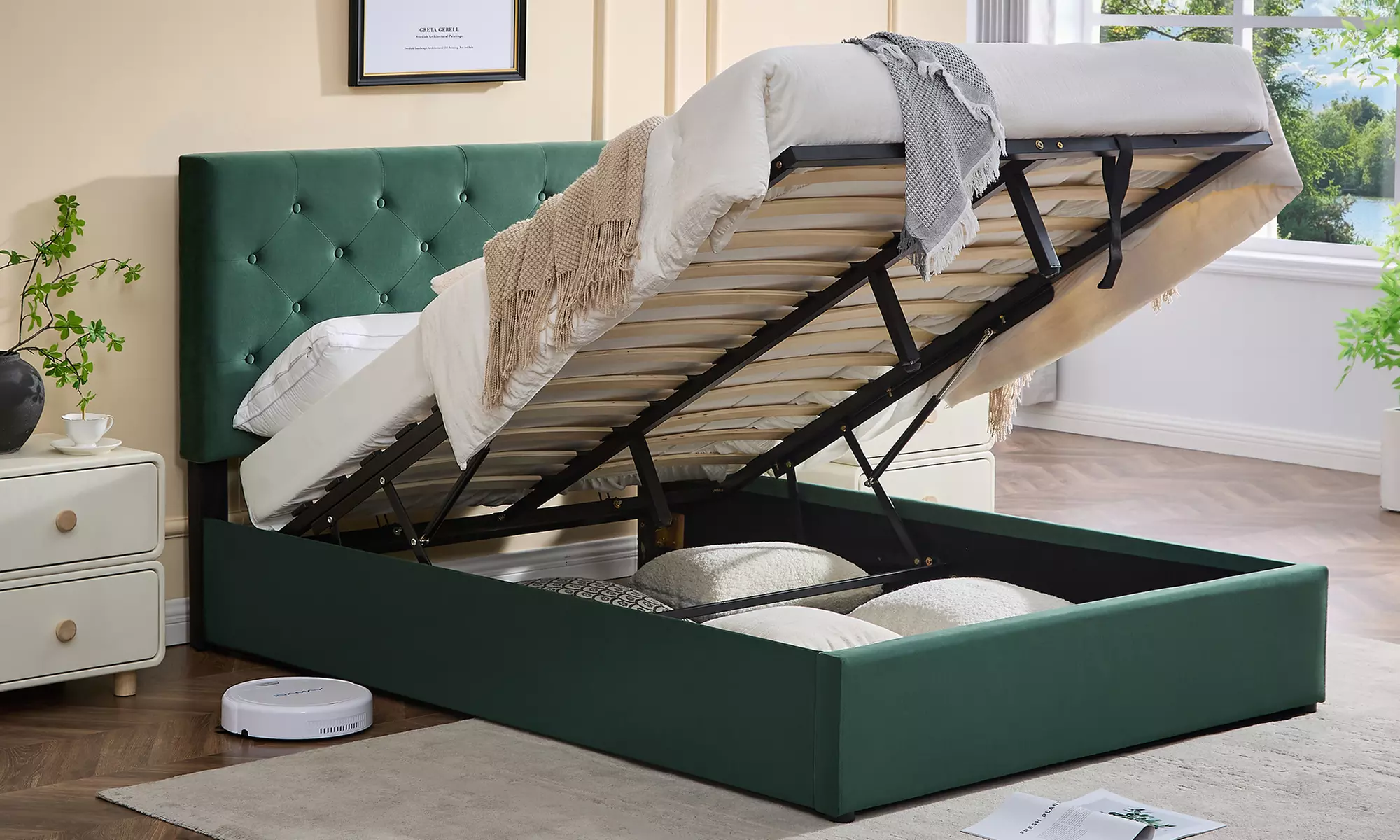 Ottoman Storage Bed Frame with Tufted Headboard