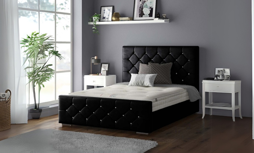 Image 4: Oasis Diamante or Button Plush Bed Frame with Sprung Memory Foam Mattress 
