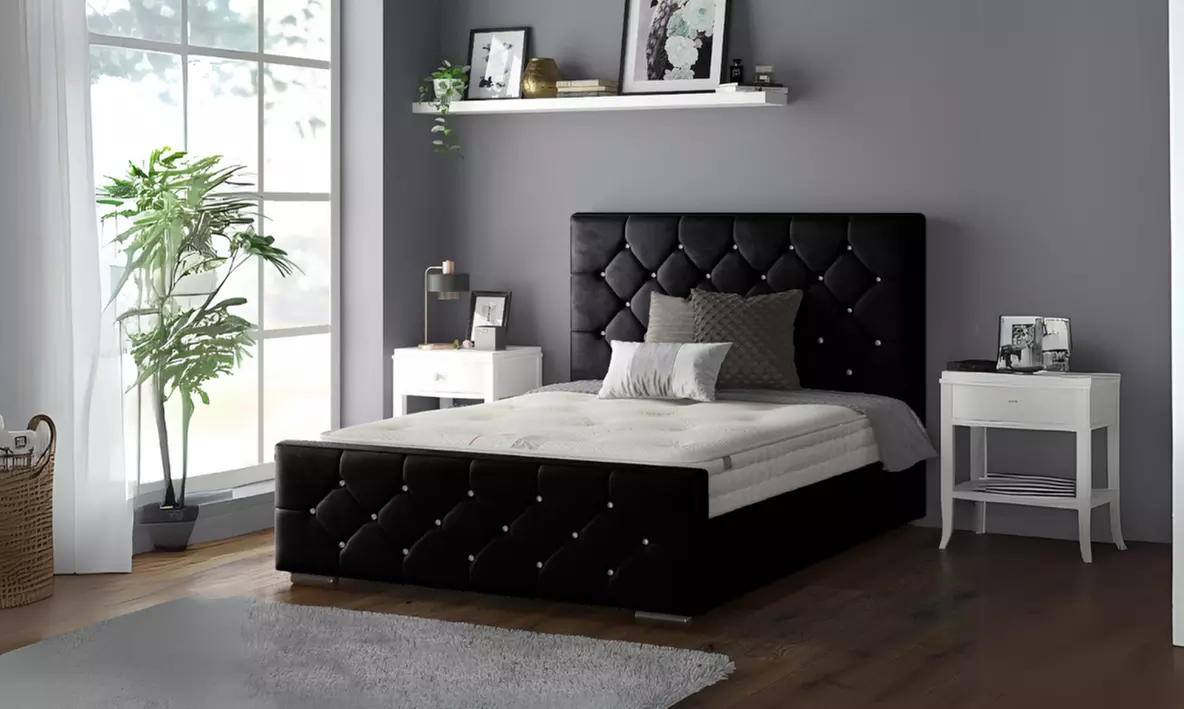 Oasis Diamante or Button Plush Bed Frame with Sprung Memory Foam Mattress