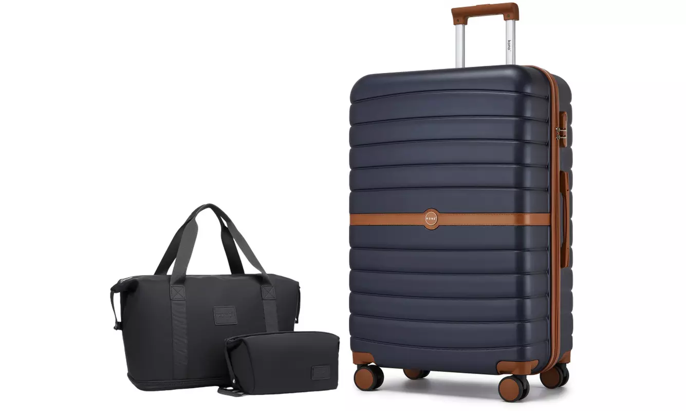 Set de viaje azul marino con maleta rígida, bolsa de mano y neceser