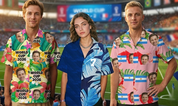 Two people wearing customized World Cup 2026 Hawaiian shirts